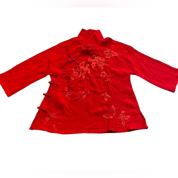 Coral/red Japanese style blouse looks like linen with beautiful embroide… - Picture 2 of 12